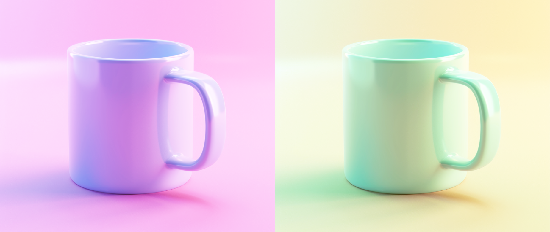 A pink mug next to a green mug on pink and green backgrounds.