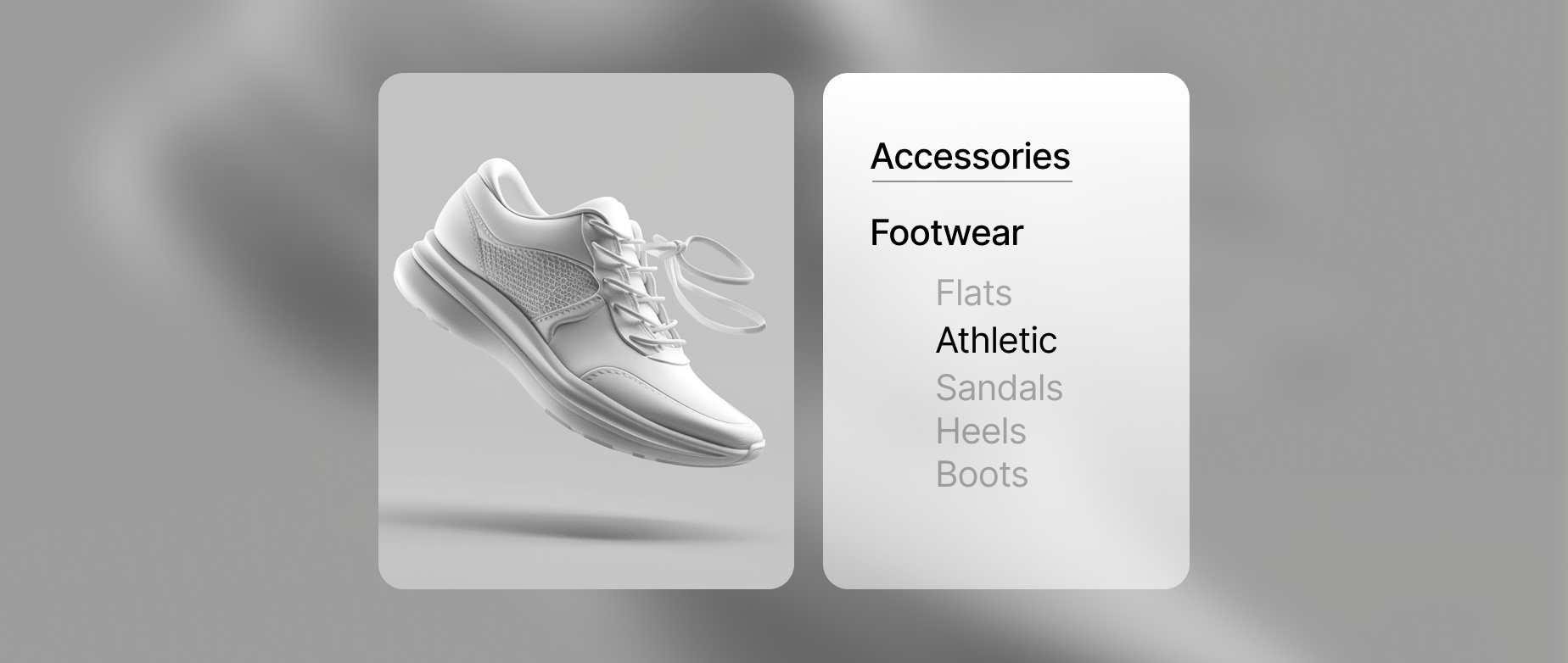 An animated image of a white sneaker next to the words: accessories, footwear, flats, athletic, sandals, heels, boots