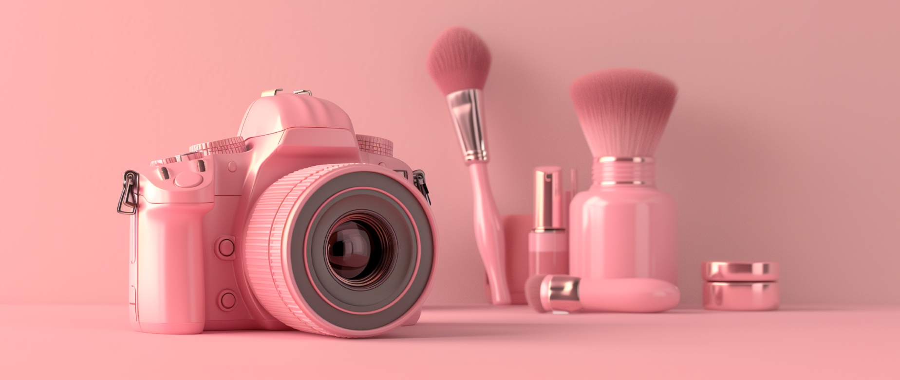 A pink camera next to cosmetics on a pink background.