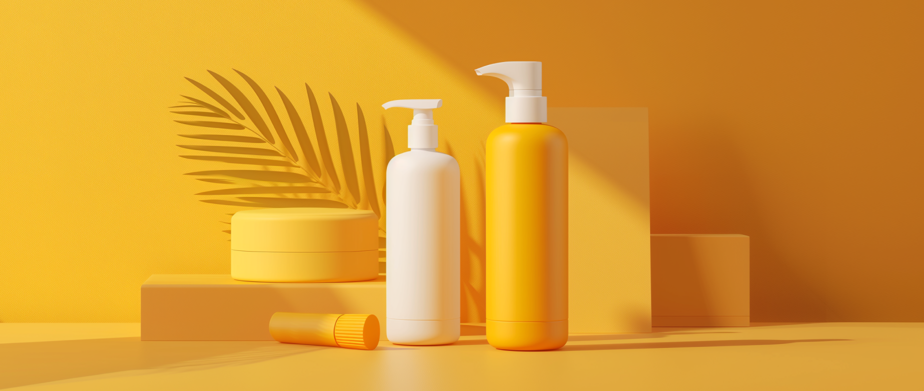 A display of cosmetics containers on an orange background with a decorative plant.