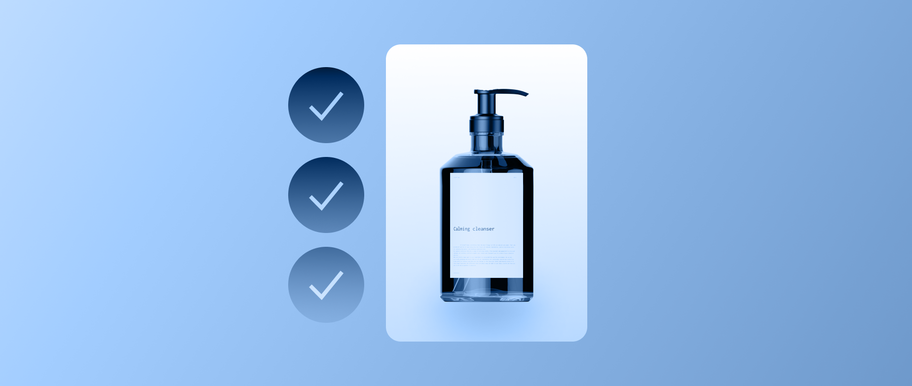 A bottle of calming cleanser next to three check marks on a light blue background.