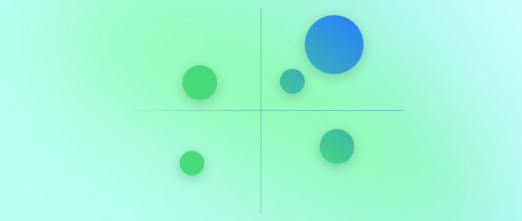 Illustration of a product positioning matrix on a green background.