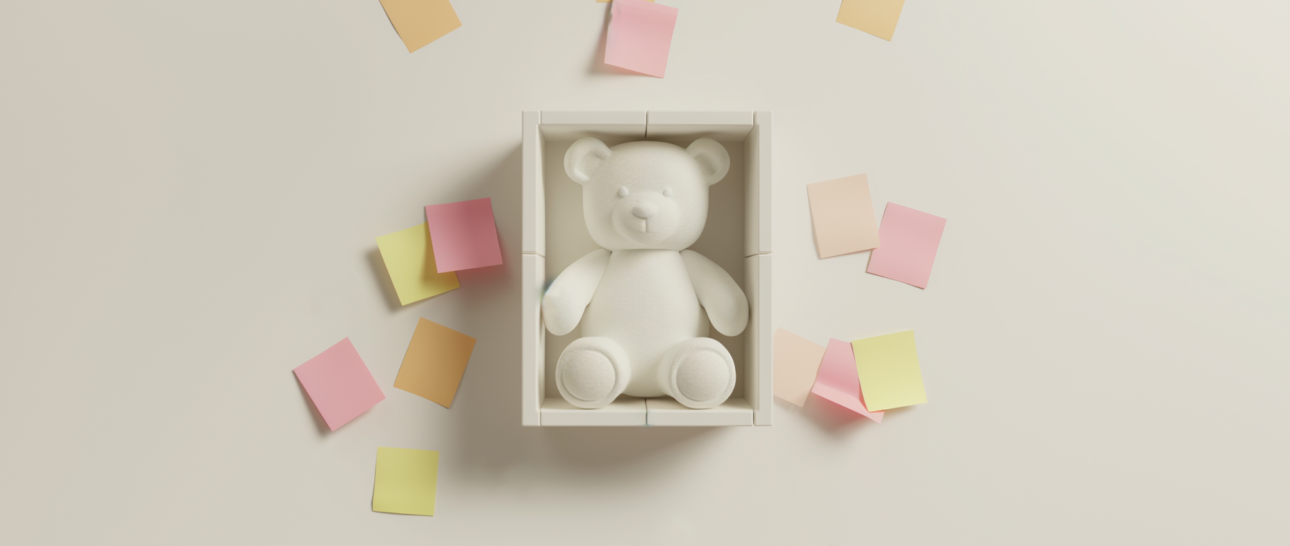 a teddy bear in a box with sticky notes representing a product strategy