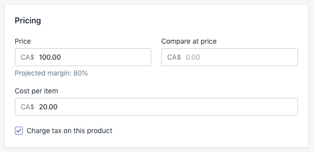 new cost per item on shopify product pricing field