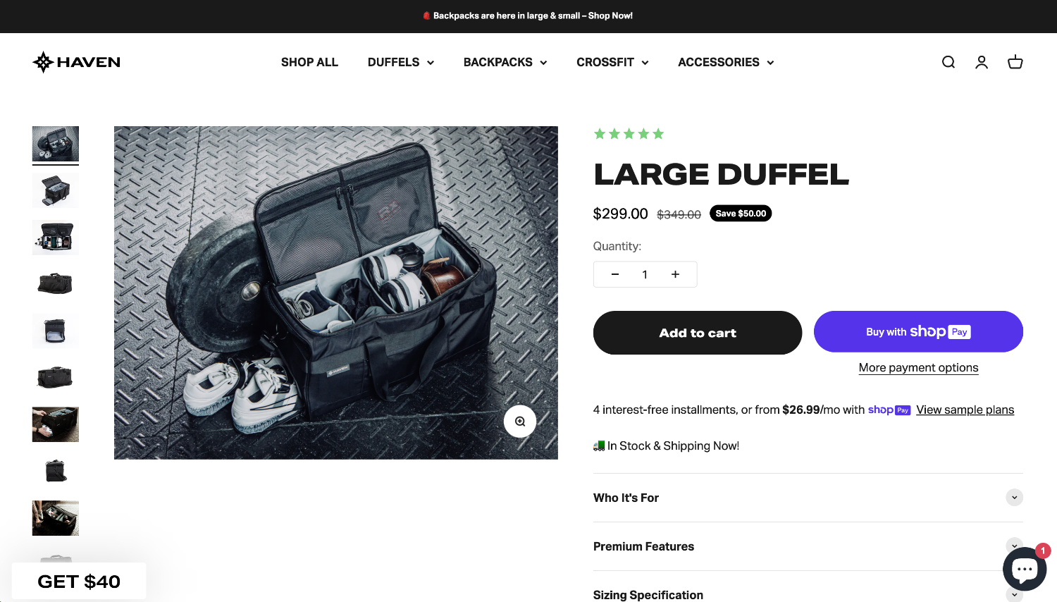 A product page for a product on the brand Haven's ecommerce website