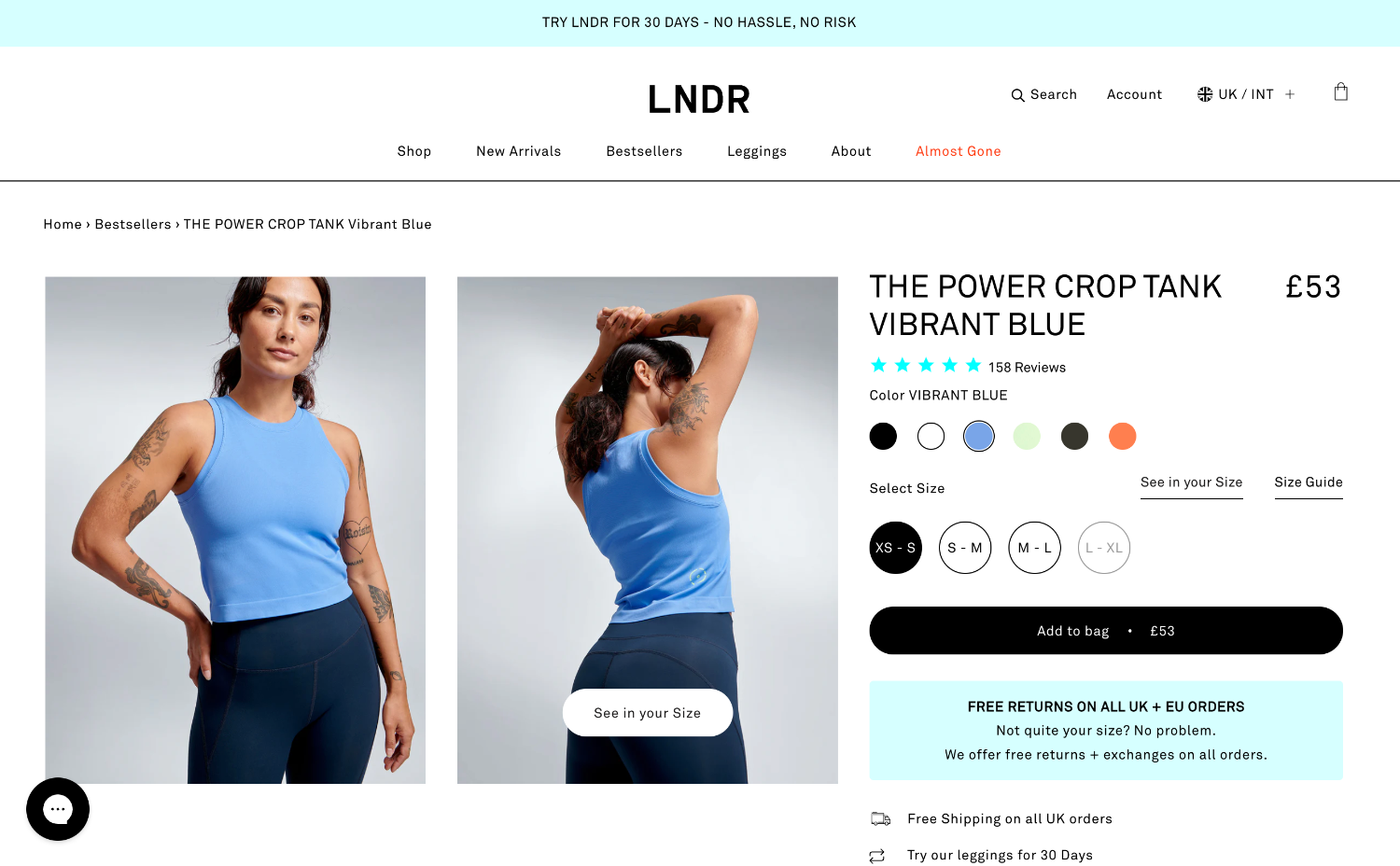 A product page for a product on the brand LNDR's ecommerce website