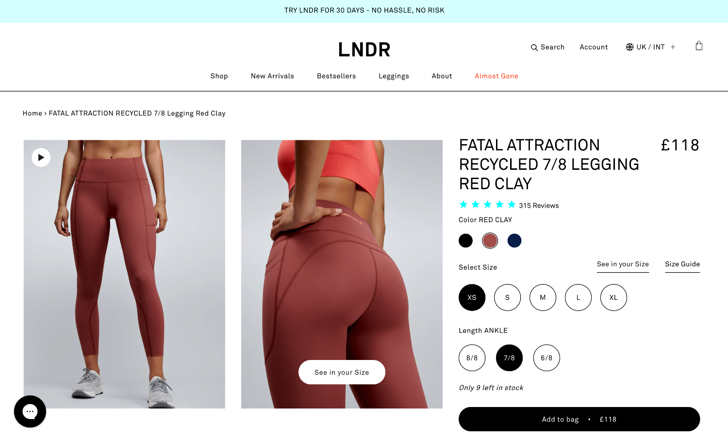 A product page for a product on the brand LNDR's ecommerce website