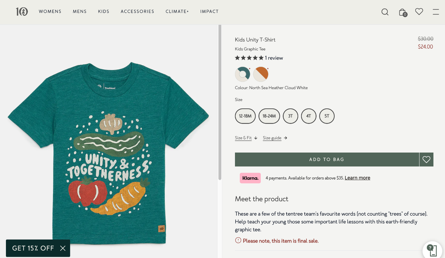 A product page for a product on the brand Tentree's ecommerce website