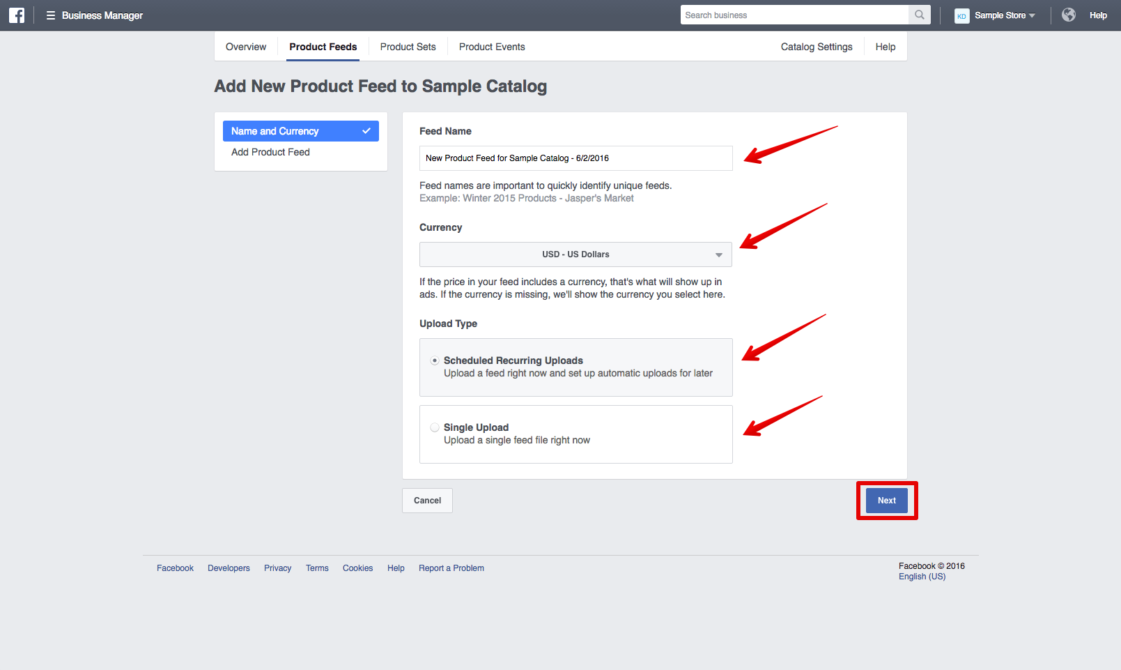 Product Feed upload options are highlighted in Meta Business Manager.