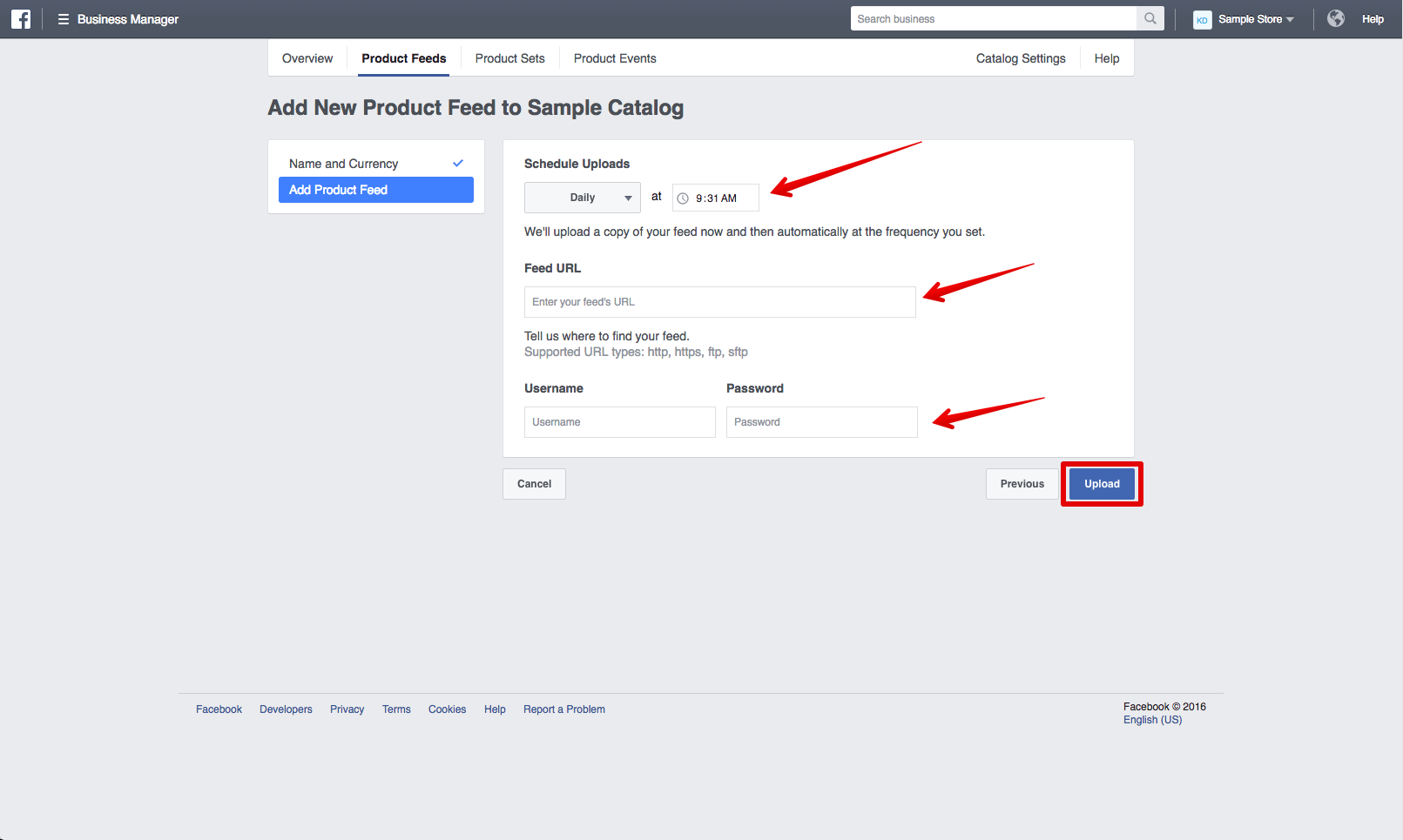 Product feed upload schedule settings are highlighted in Meta Business Manager.