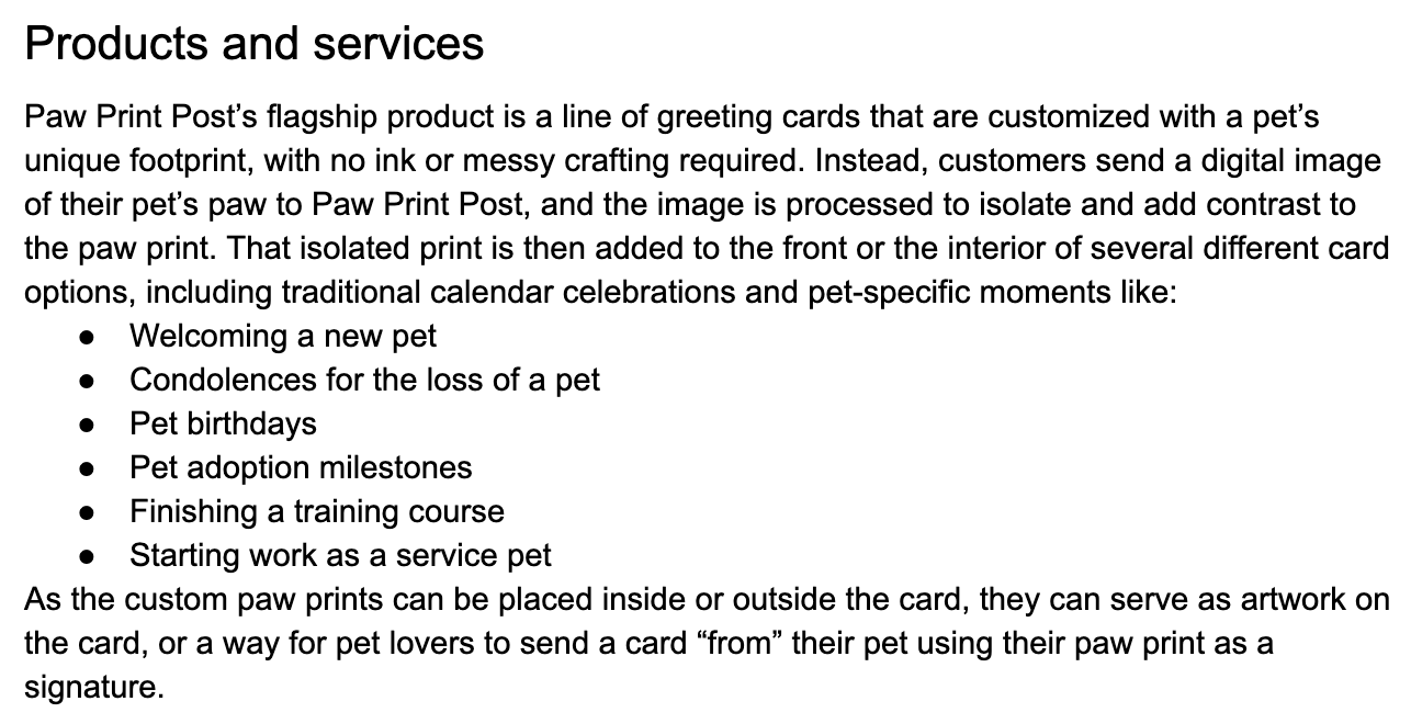 An example products and services section from a business plan