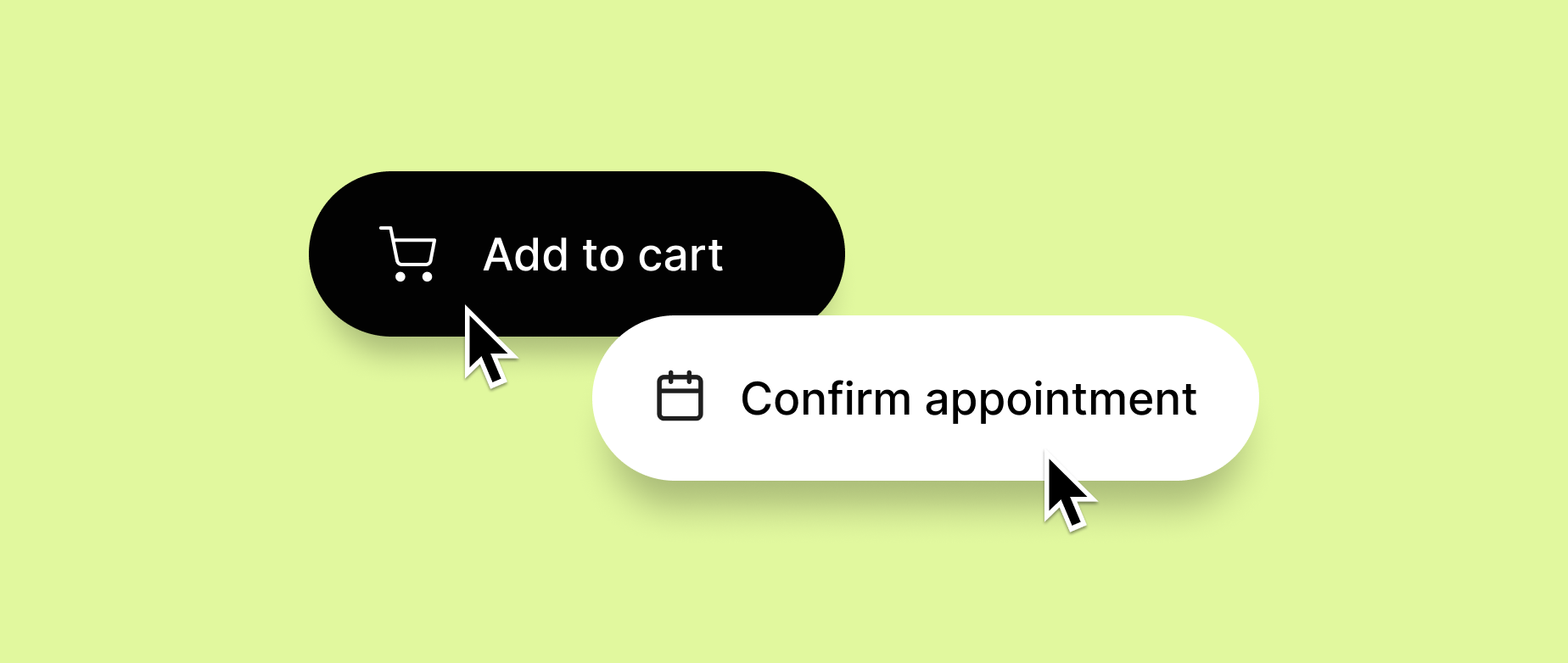 Add to cart and confirm appointment buttons with cursors on a green background.