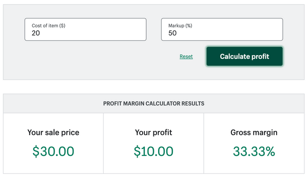example of profit margin calculator from Shopify