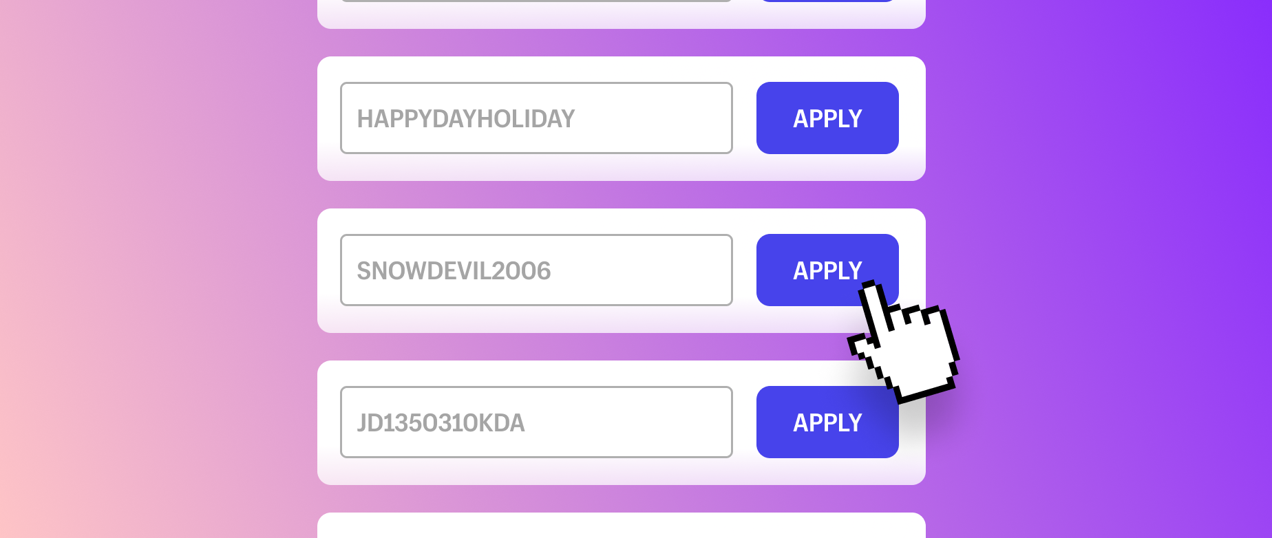 Three holiday promotion codes to apply with a cursor on a pink purple background.