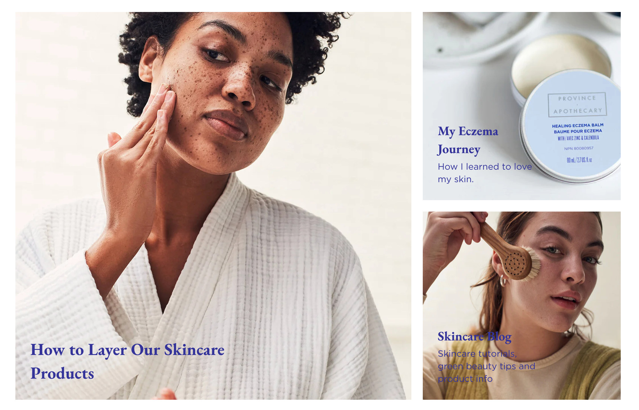 Province Apothecary的电商主页，展示着一盒治疗湿疹用的护肤霜和两位往脸上涂抹护肤霜的女性