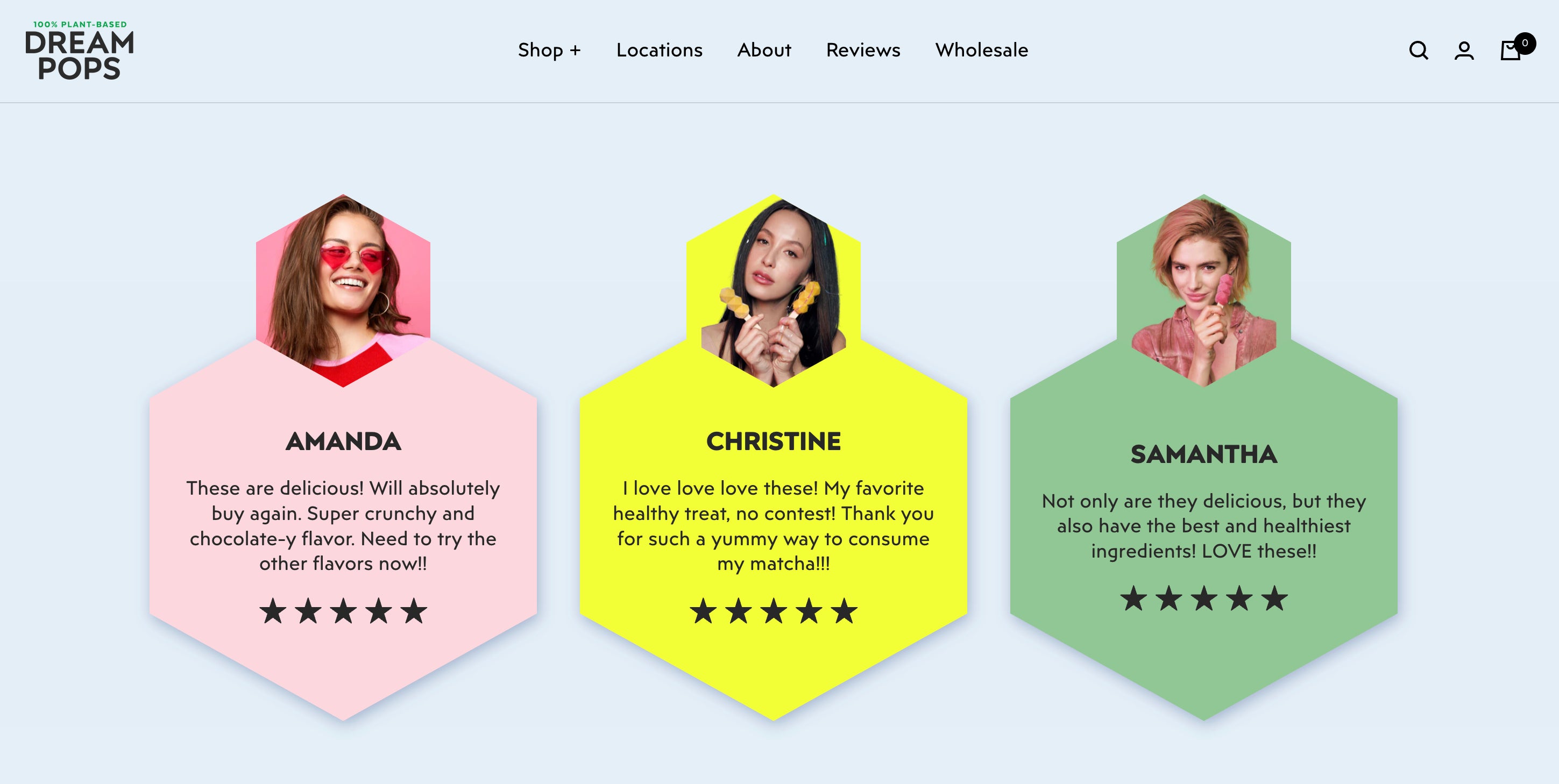 Screen grab of a website for Dream Pops with three customer reviews