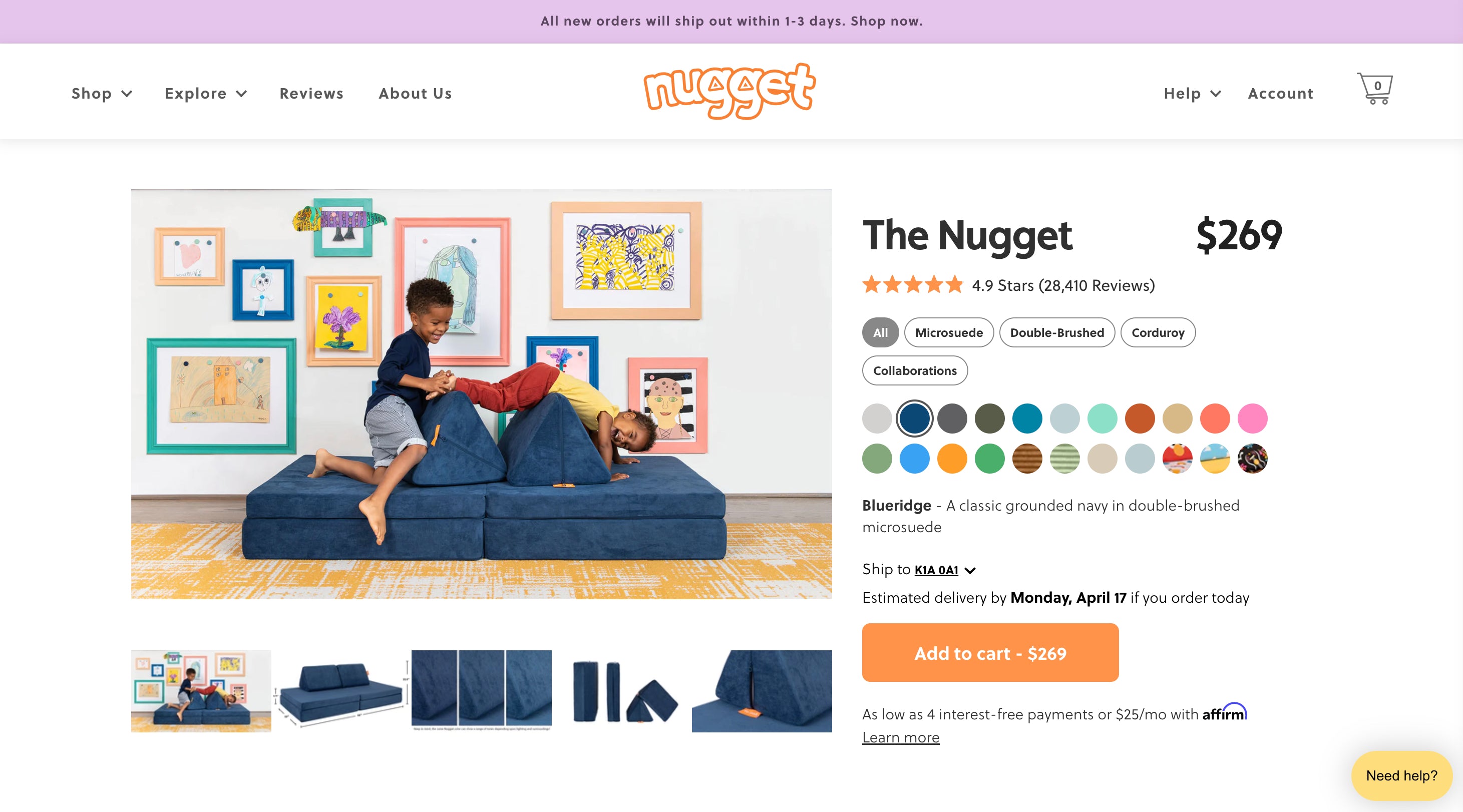 Screen grab of product page for Nugget furniture