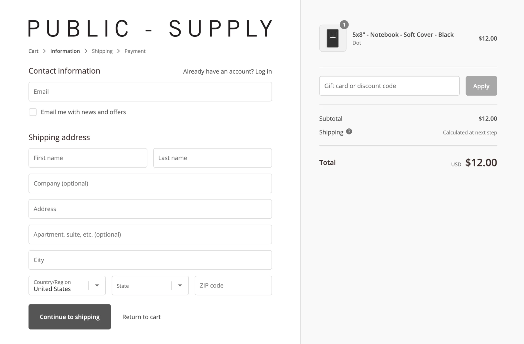 Checkout page for Public Supply's ecommerce site