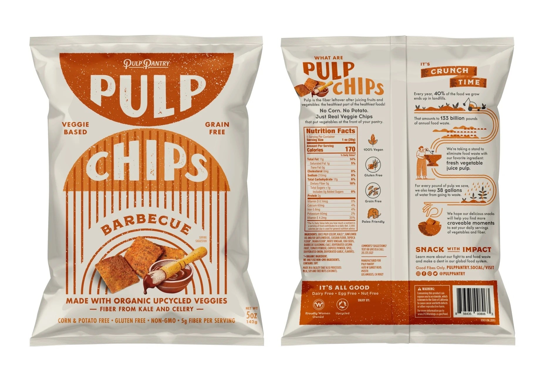 Front and back views of a bag of Pulp Pantry chips