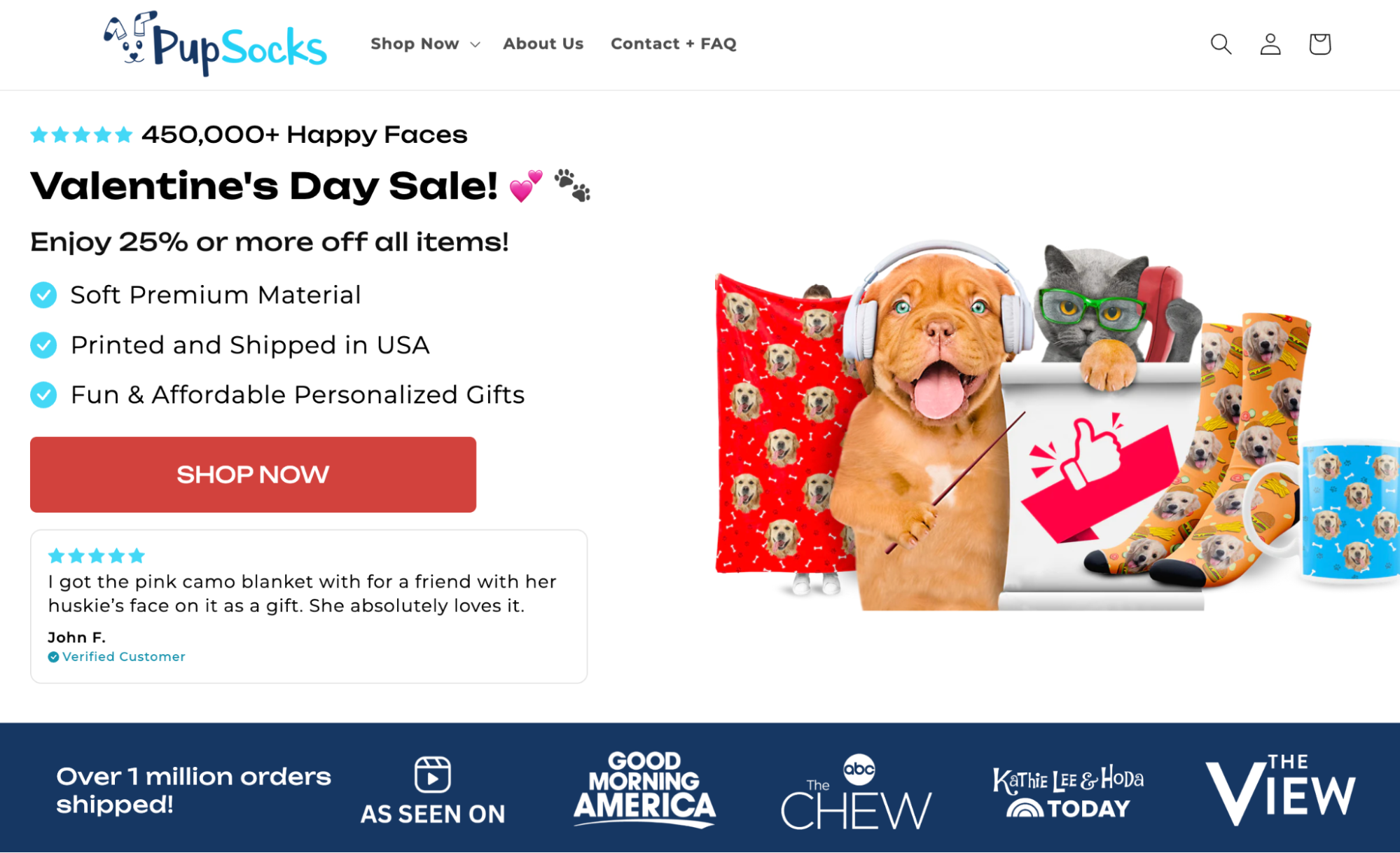 Image of the PupSocks homepage, showing its Valentine’s sale offer.