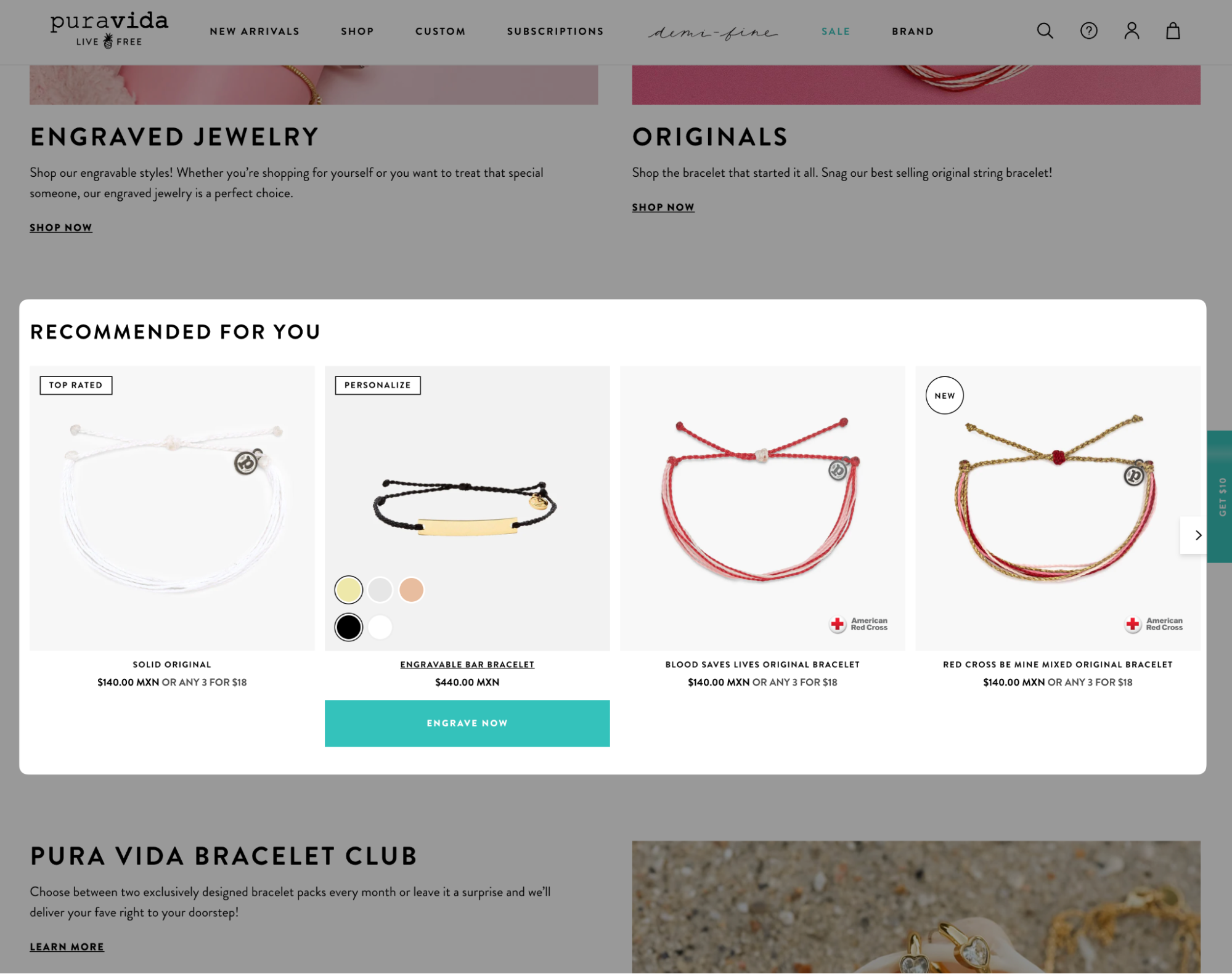 Image of Pura Vida showing personalized product recommendations on website