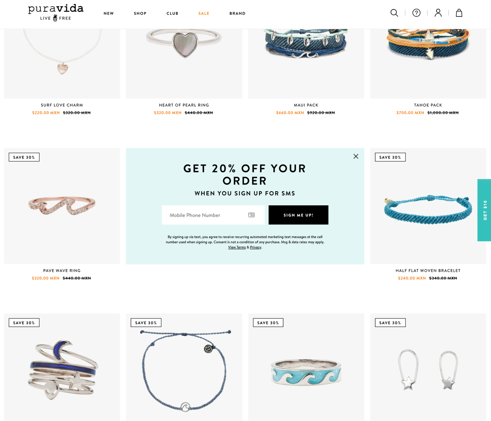 A CTA for an SMS list embedded into a product catalog page for Pura Vida bracelets and rings.