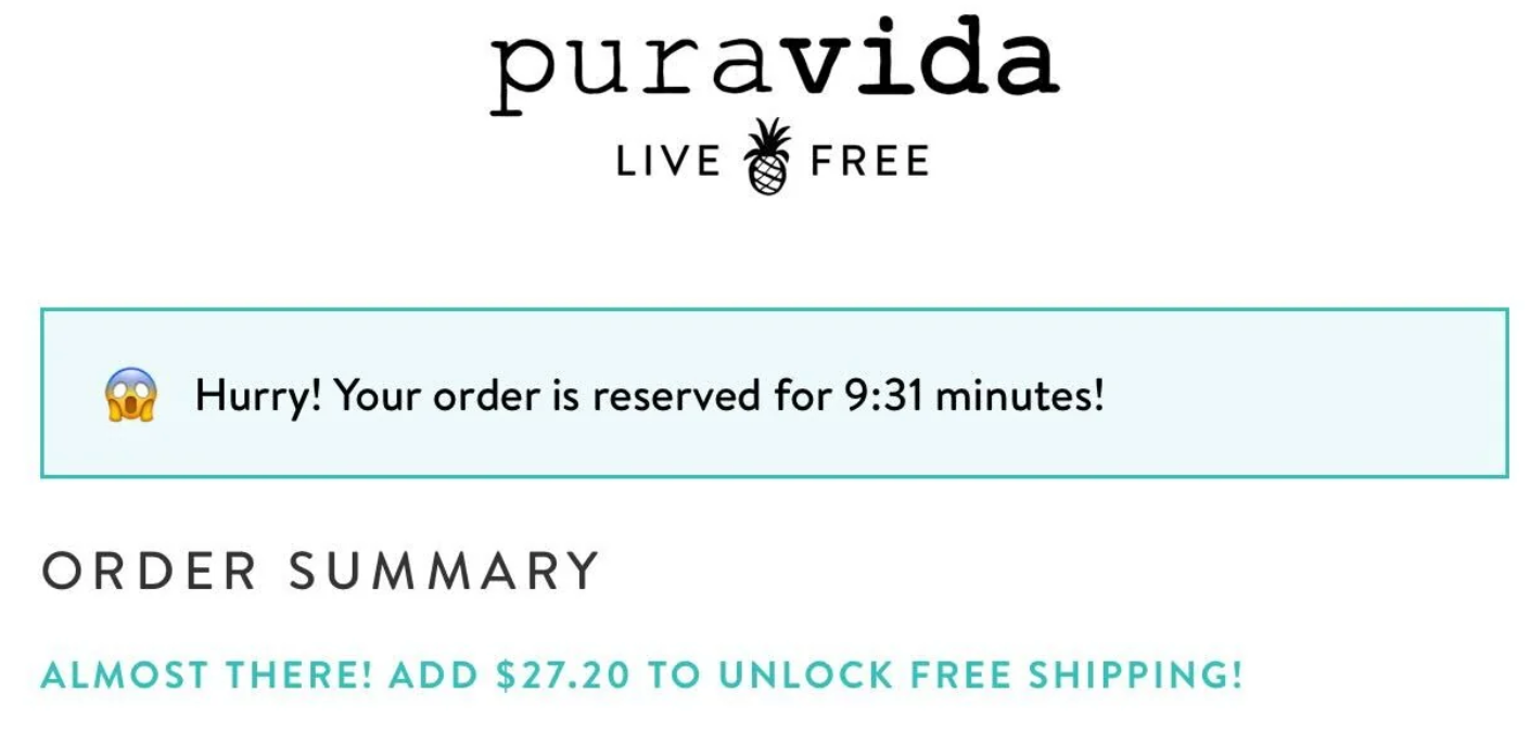 CTA with a shocked-face emoji telling a customer that their Pura Vida order is reserved for less than 10 minutes.