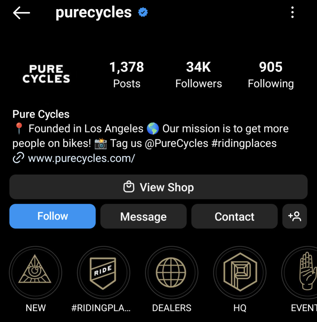 screenshot of Pure Cycles Instagram bio