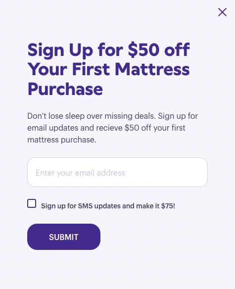 A screenshot of a pop up that offers $50 off if a person subscribes to emails