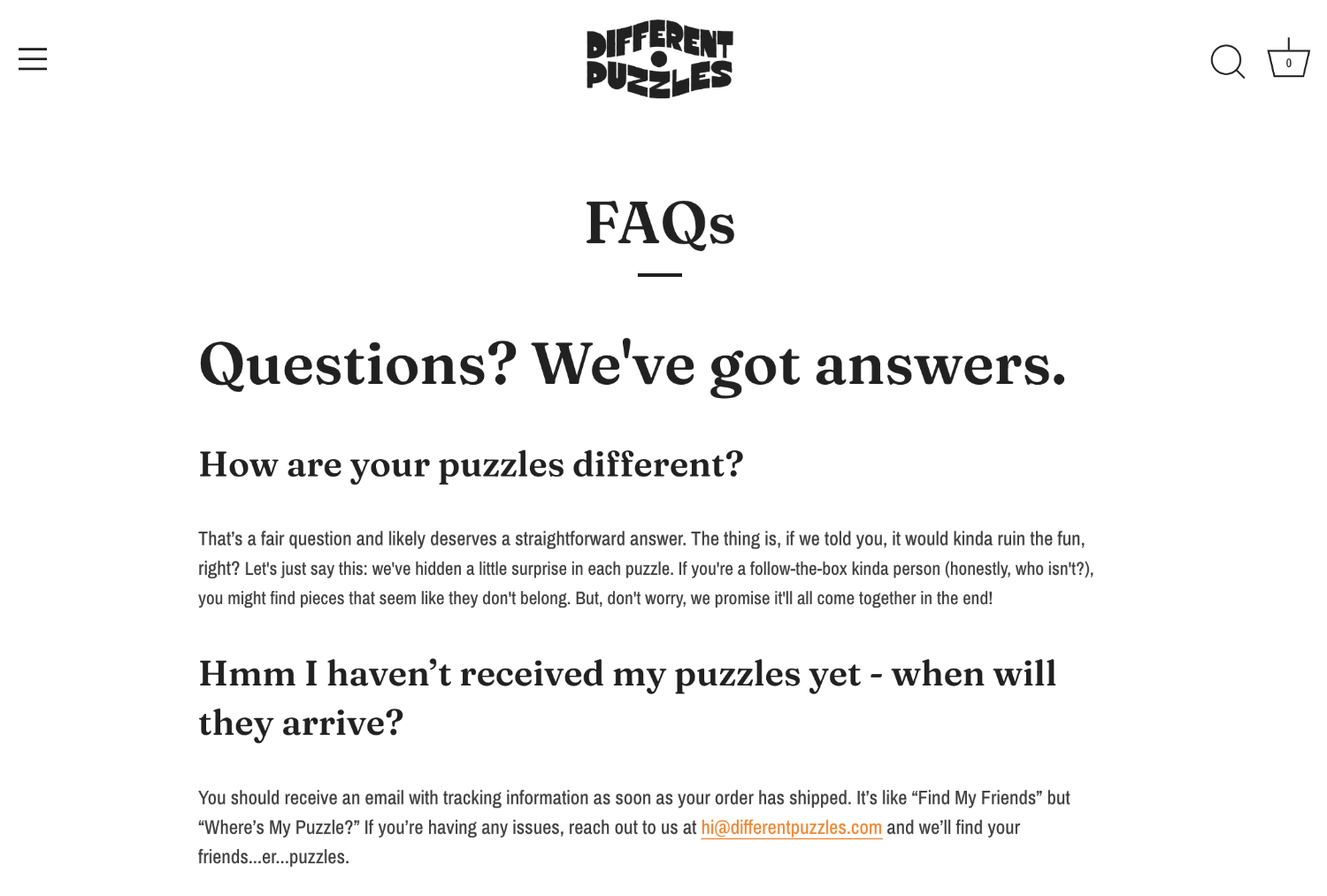 An FAQ page from Different Puzzles' ecommerce site