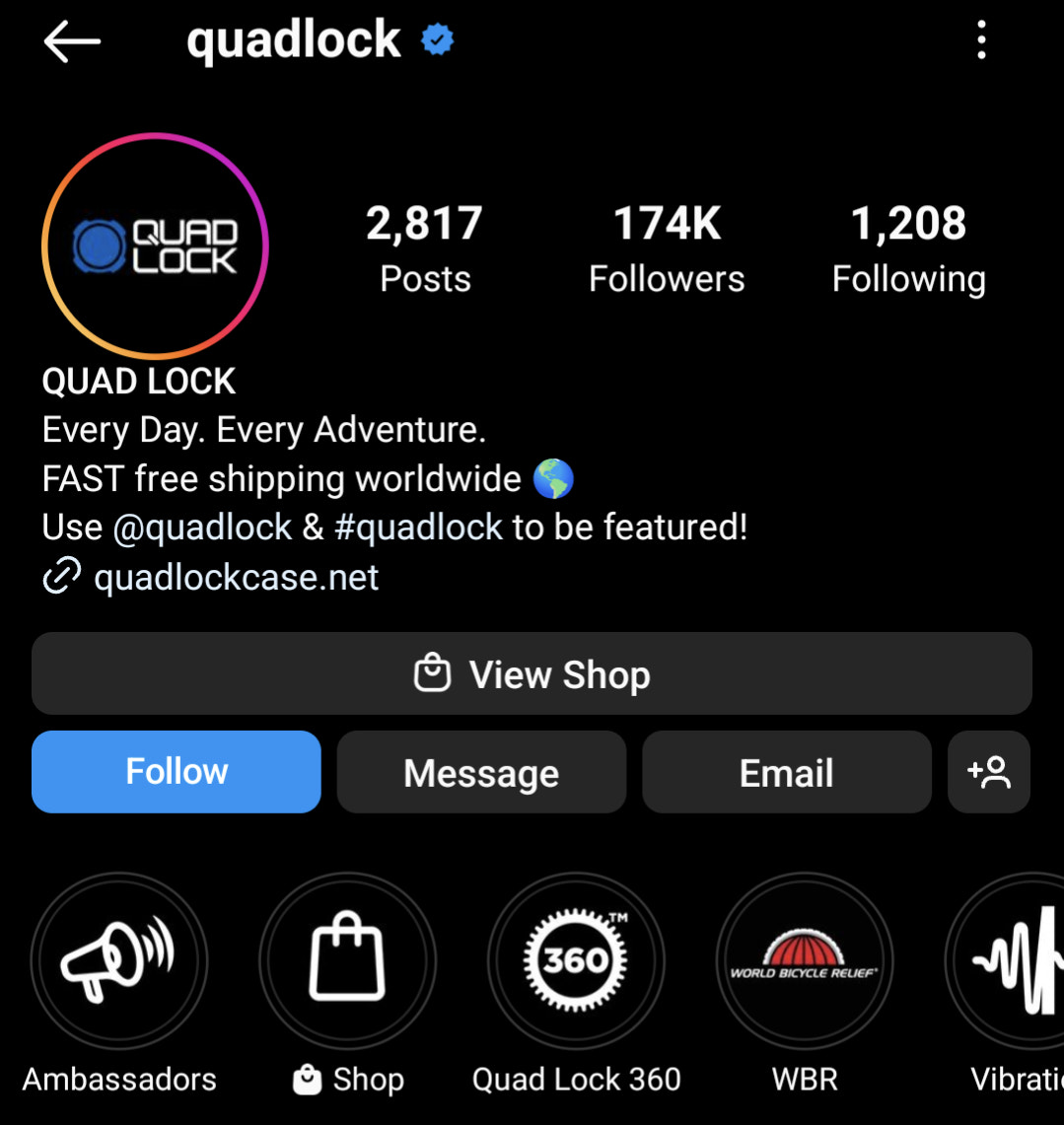 screenshot of Quad Lock Instagram bio