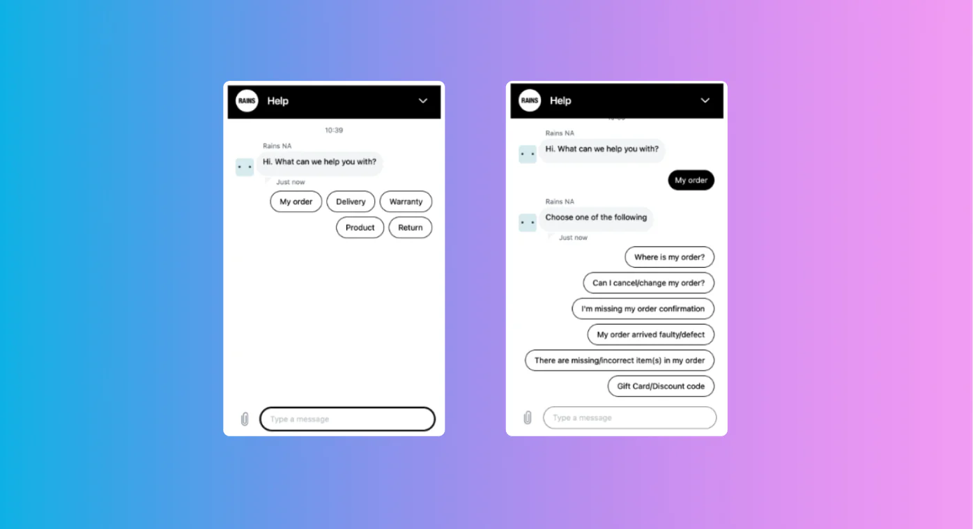 A chatbot conversation with RAINS about order information.