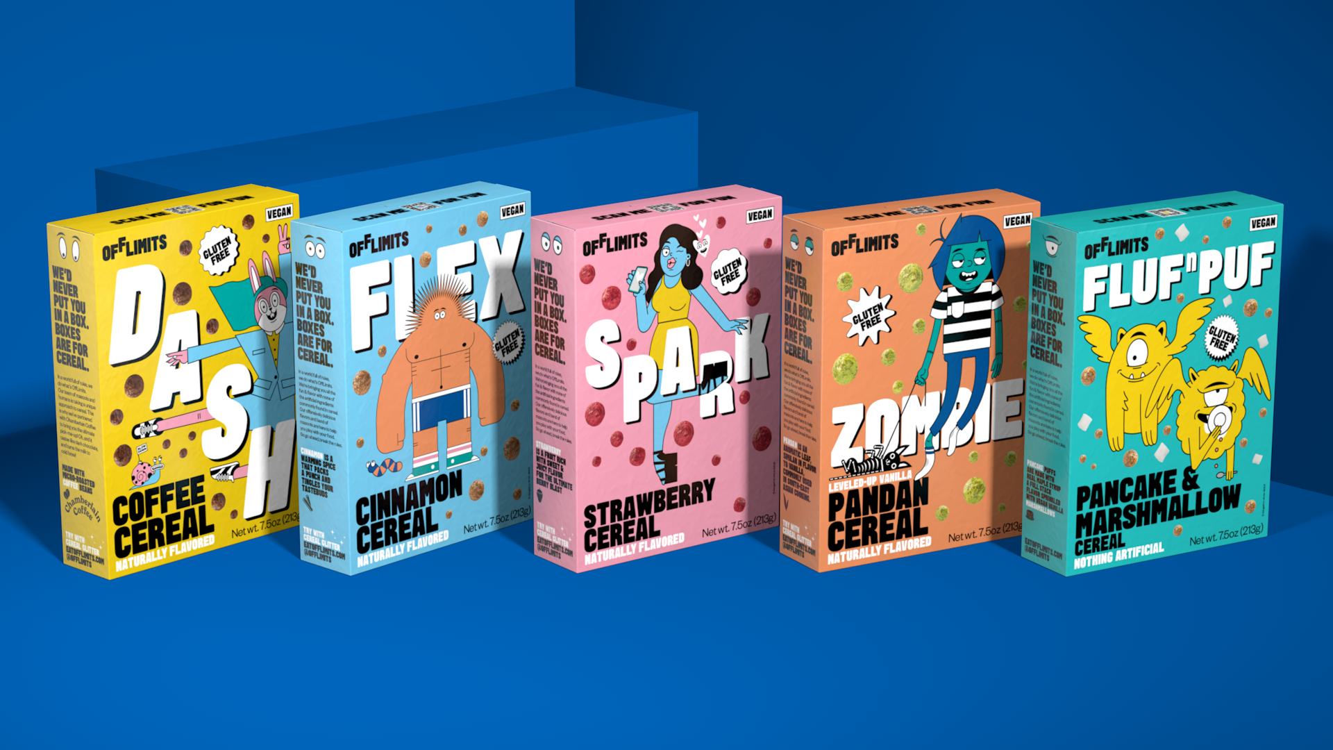 the range of OfflLimits cereal boxes standing side by side. From left to right: dash coffee cereal, flex cinnamon cereal, spark strawberry cereal, zombie pandan cereal, and fluf n puf pancake & marshmallow cereal).