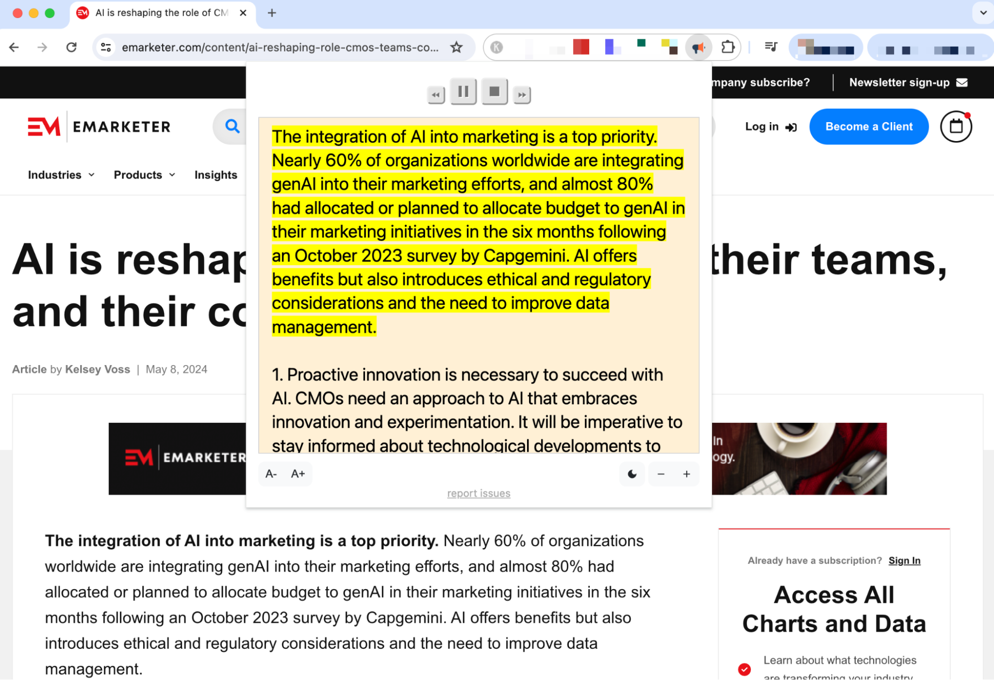 Highlighted note shows AI integration is a priority for marketers, quoting  Capgemini survey.