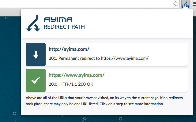 Plugin showing redirect path from HTTP to secure HTTPS version of a website.
