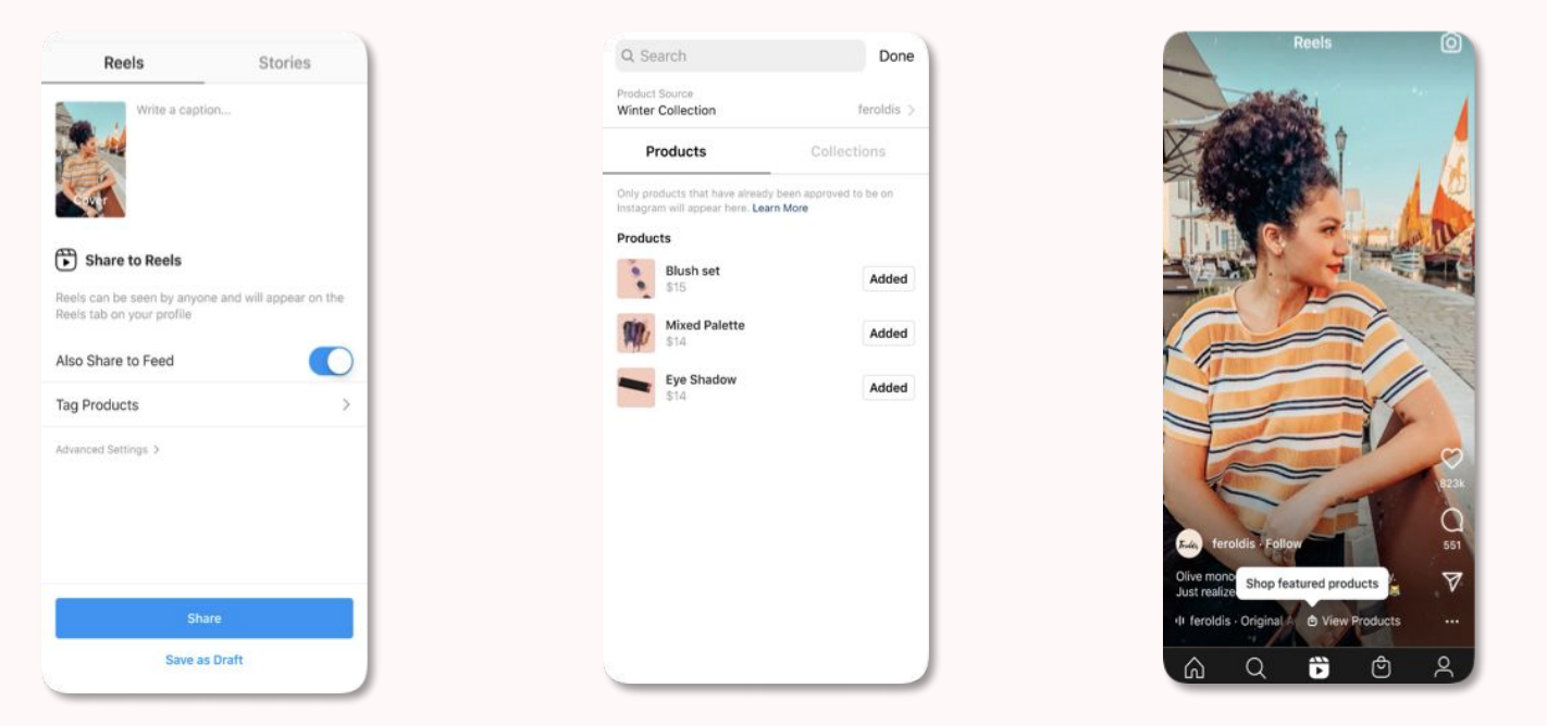 screenshots showing the process of selling products through Instagram Reels on mobile.