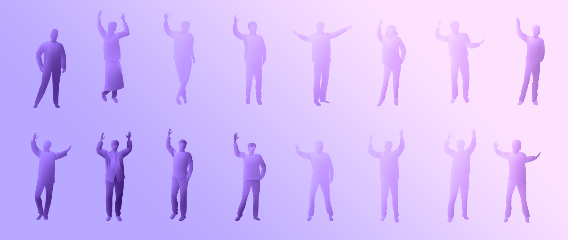 Two rows of eight purple silhouettes of people on a light purple background.