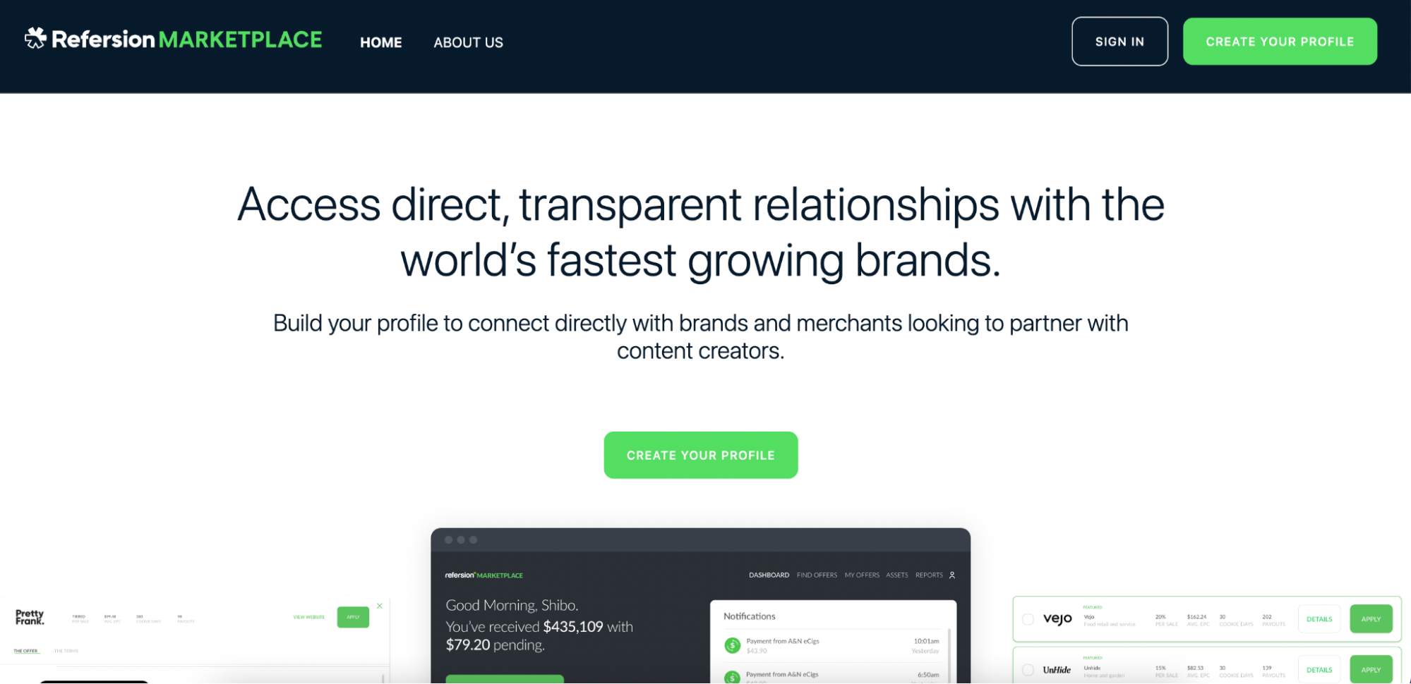 Screenshot of Refersion’s website showing how you can build a profile and connect with the world’s fastest growing brands.