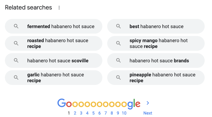 Example of the eight pre-populated queries that show when typing in "haberno hot sauce" at the bottom of a Google SERP