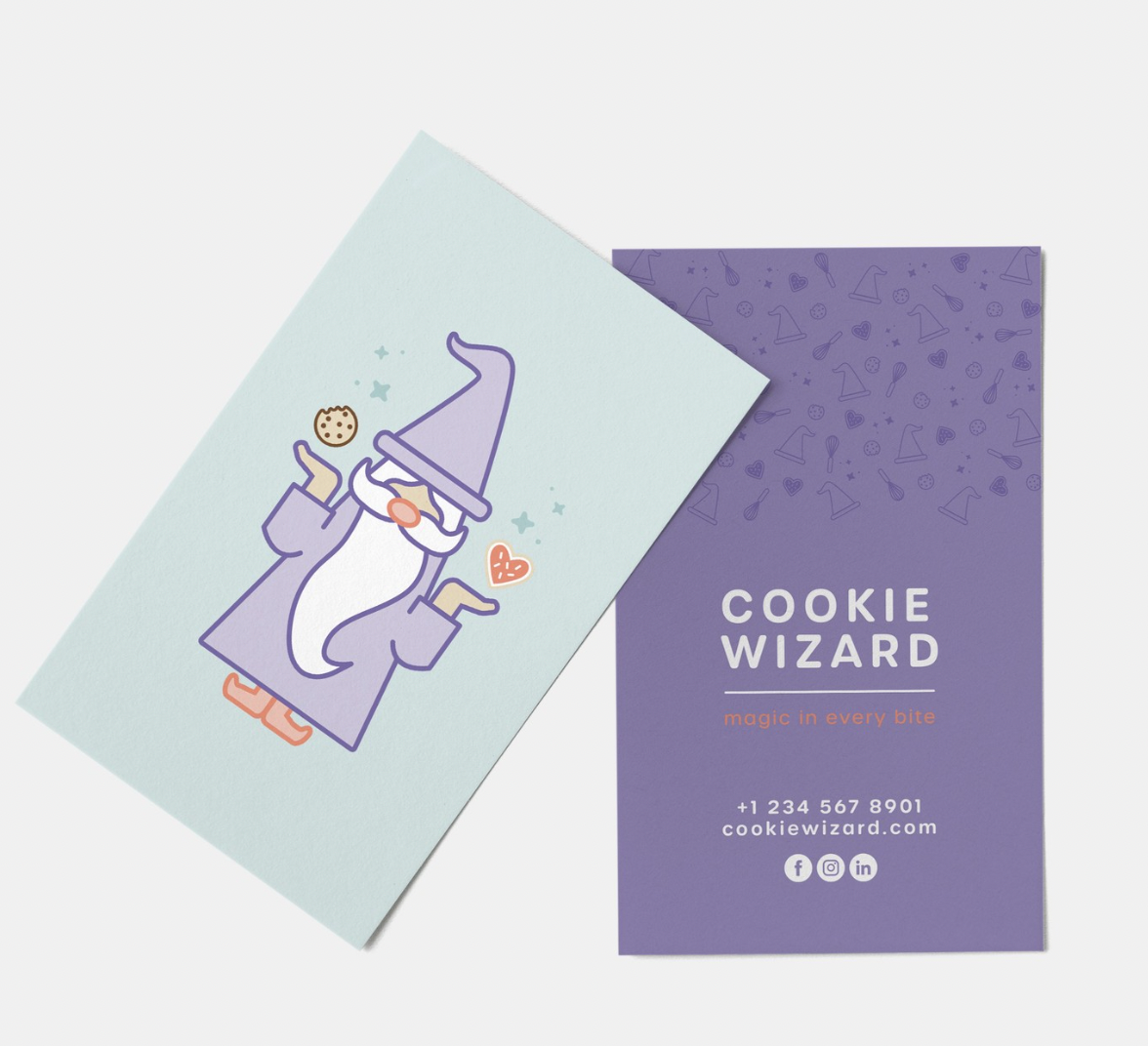 Vertical card with wizard holding a floating heart and a cookie, on one side and text on the other.