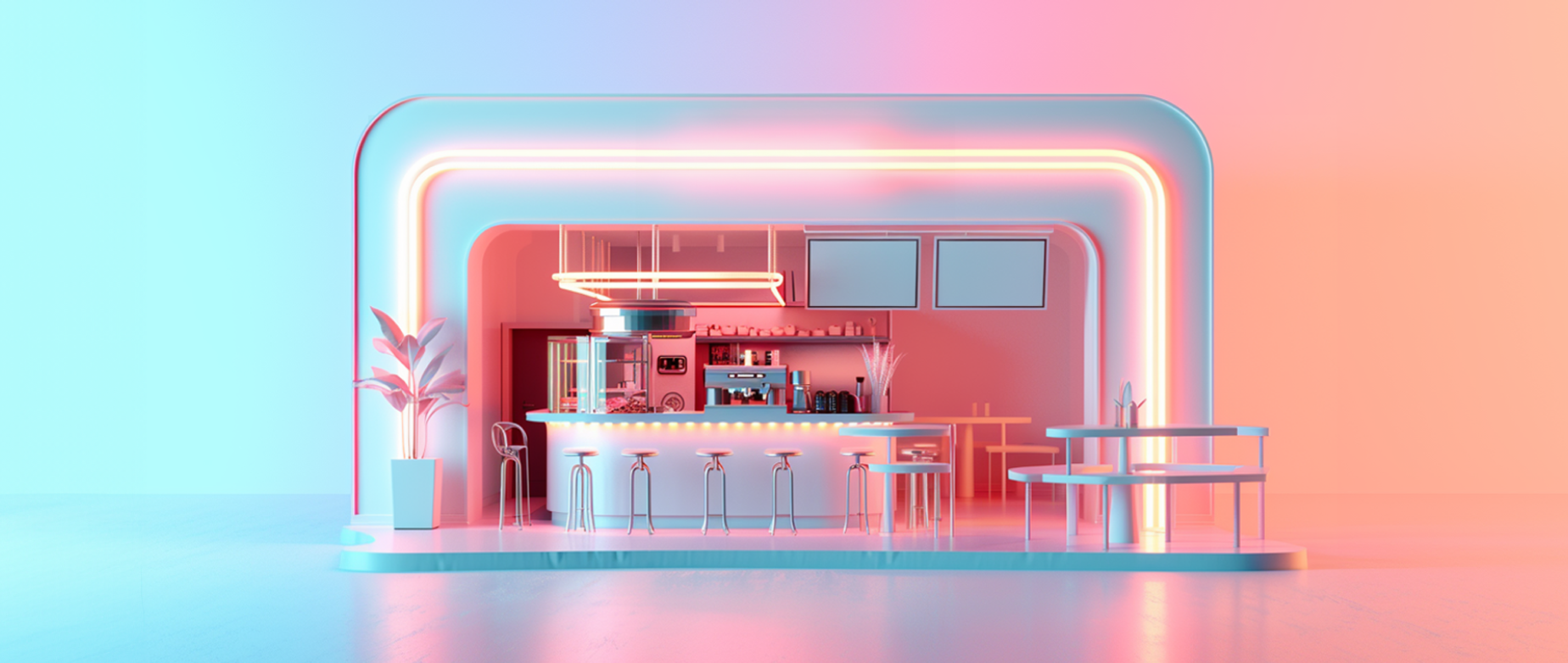 A restaurant bar front display on a split blue and pink background.