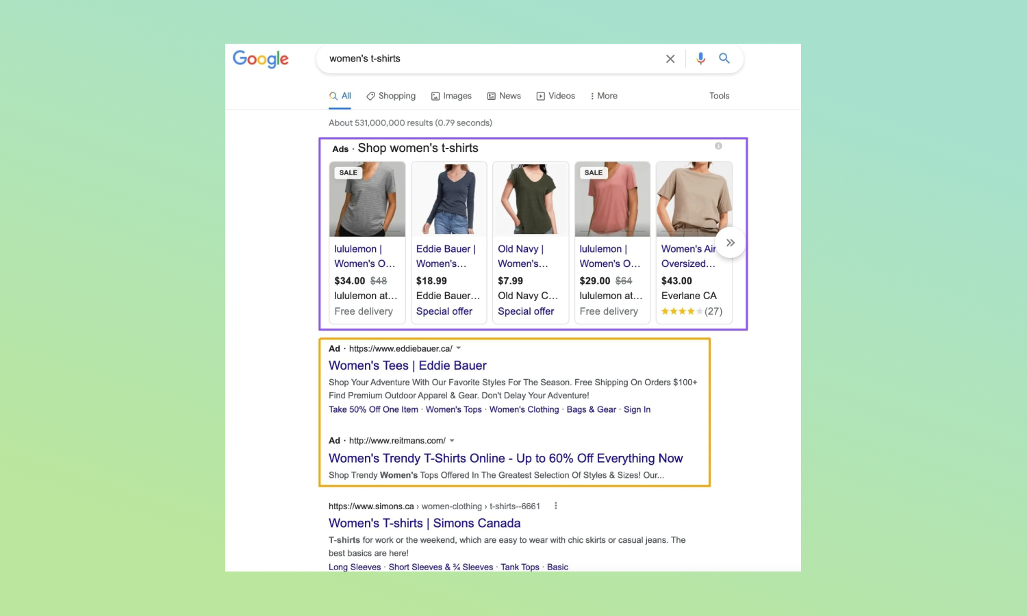 Google search results page with ads results highlighted.