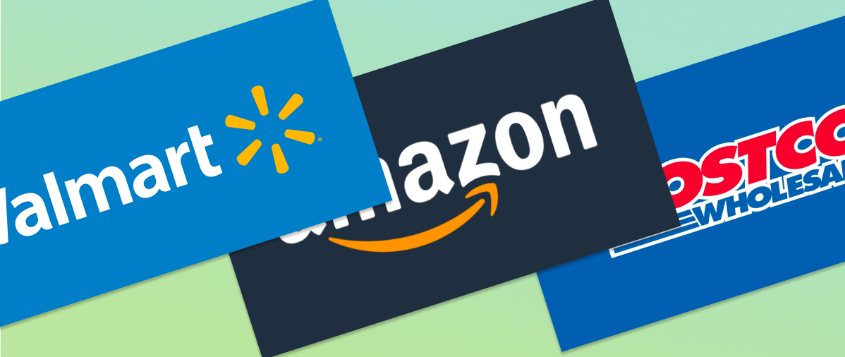 Logos of the three largest retail businesses in the world: Walmart, Amazon, and Costco.