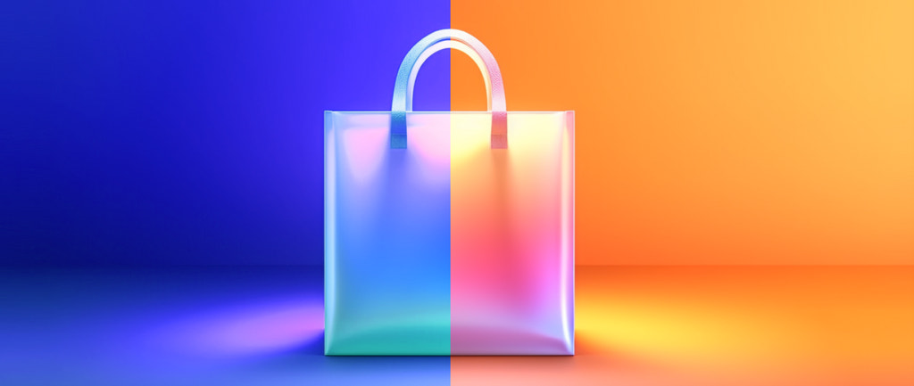 image of a shopping bag split into two colors to represent retail vs ecommerce