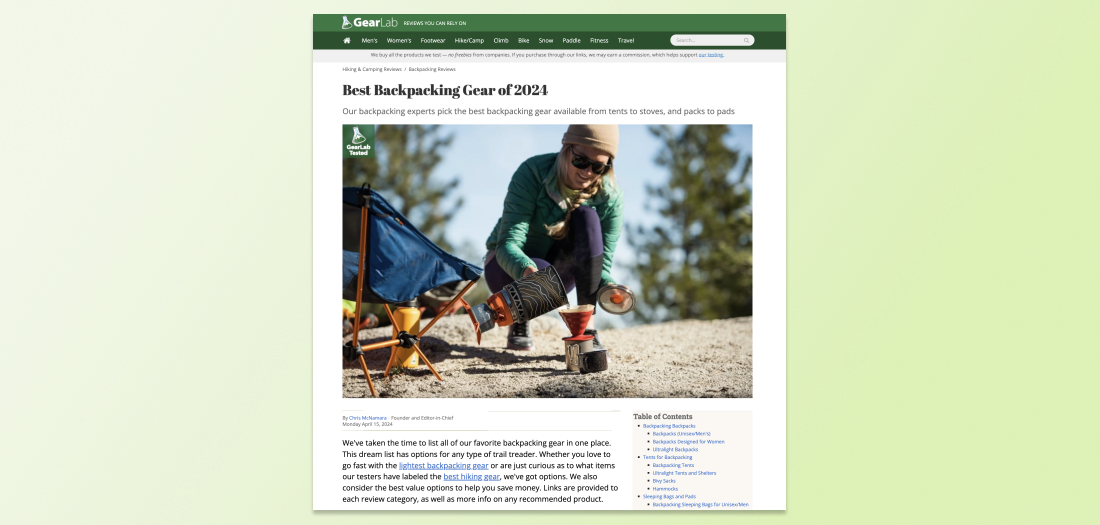 An annual review of backpacking gear containing images of stoves, jackets, and chairs being tested.