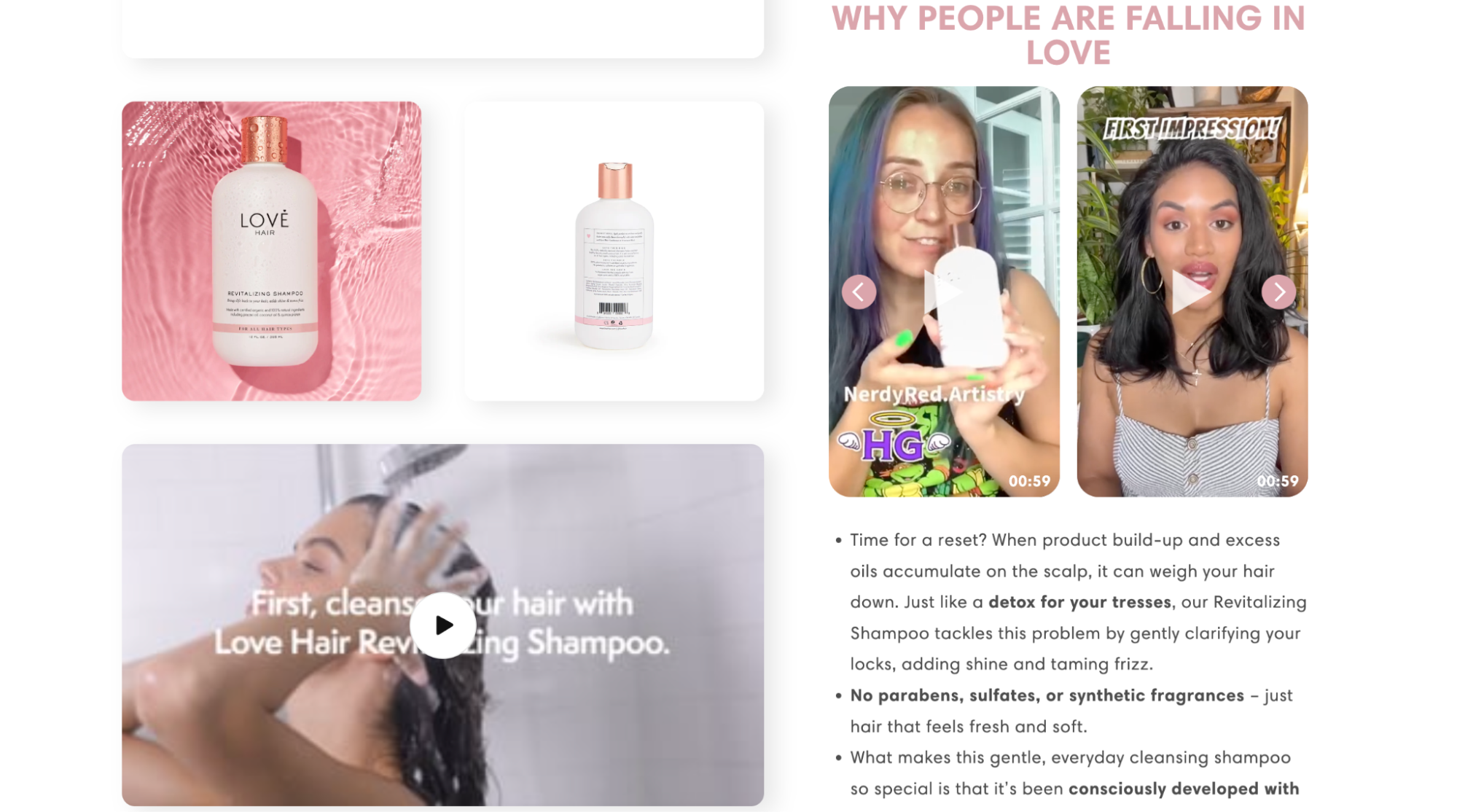 Love Hair’s product pages include influencer video testimonials and product demonstrations to build buyer confidence.