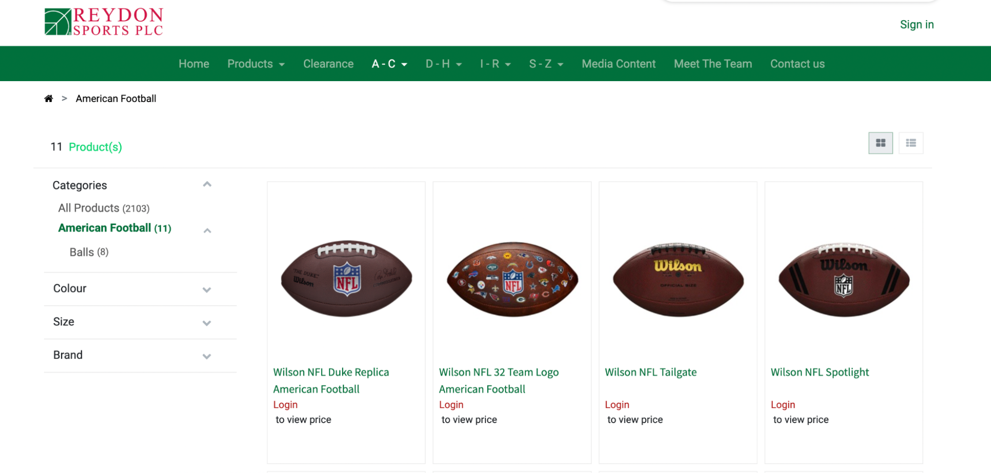 Reydon Sports’ product category for American Football products.