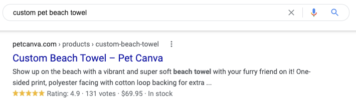 Screenshot example of Google's SERP showing rich snippets with 4.9 star ratings of 5, number of votes, price, and stock availability