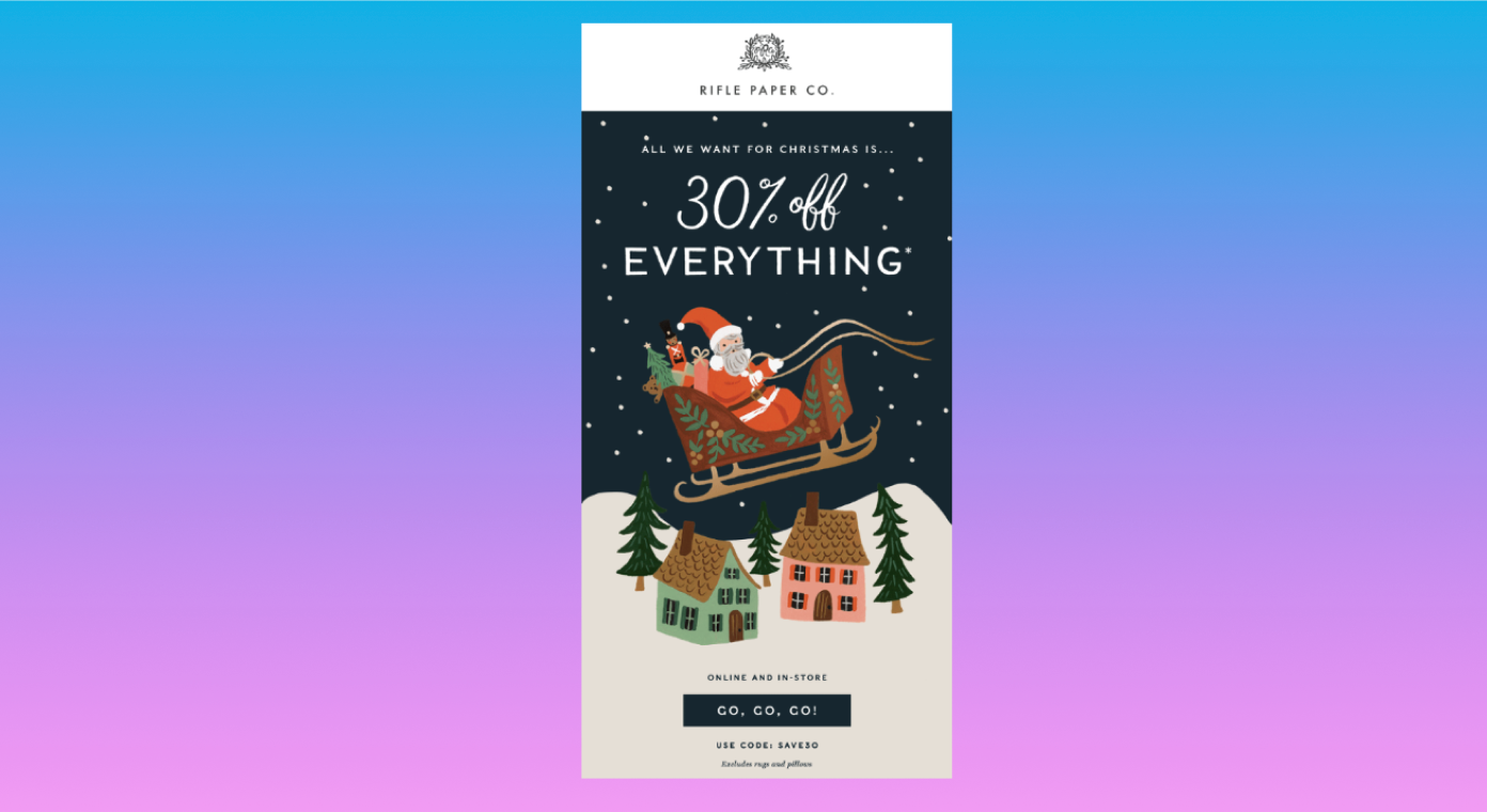 A holiday discount email from Rifle Paper Co