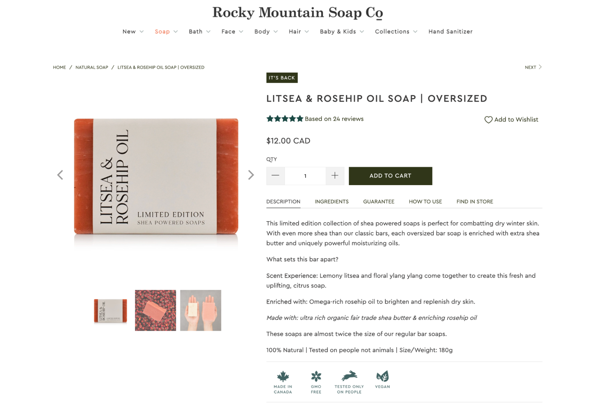 Rocky Mountain Soap’s product page highlights features buyers are interested in, such as the ingredients being 100% natural.
